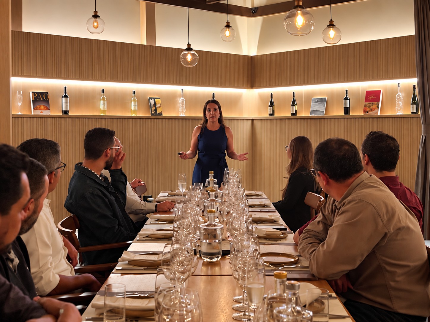 Sommelière apresentando vinhos para convidados sentados à mesa longa durante um jantar harmonizado da Feel It